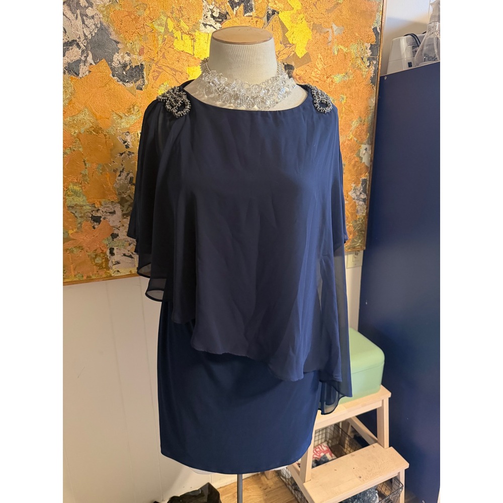 X By Xscape Navy Blue Chiffon Capelet Sheath Dress Beaded Shoulder Size 14